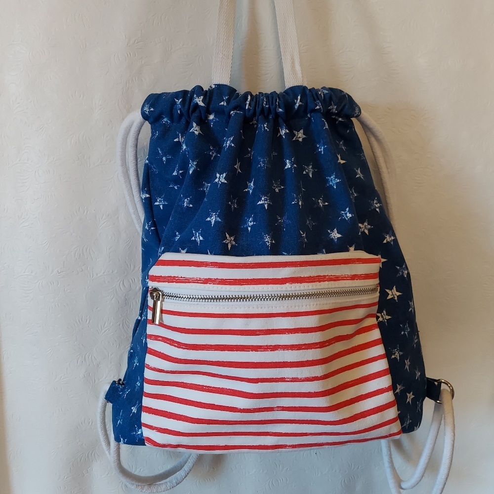 Mad Love, Stars and Stripes, Drawstring, Canvas Textile Backback in EUC